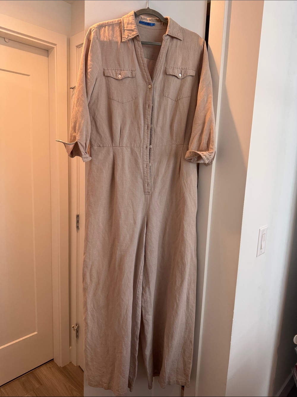 Designer linen blend Light Taupe Button-Front Jumpsuit